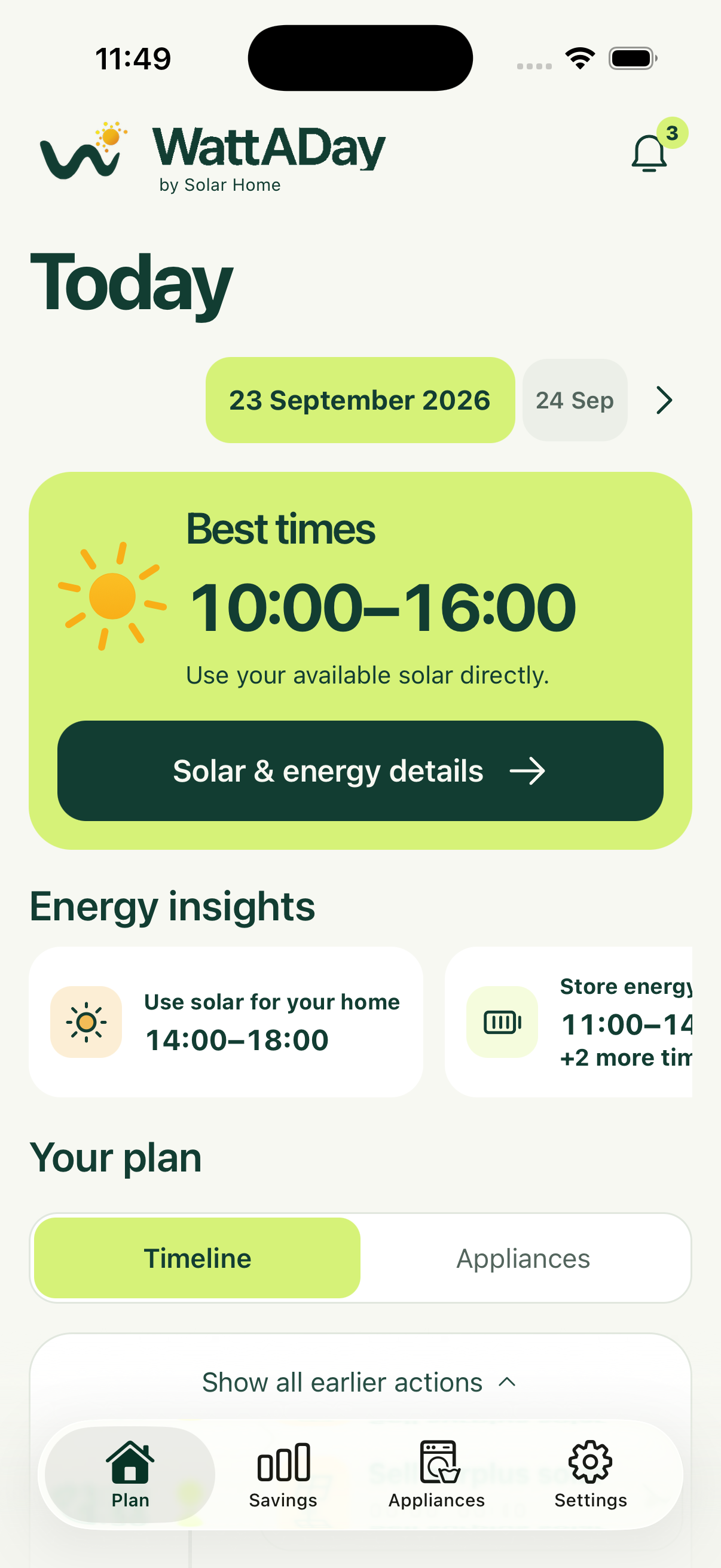 WattADay Plan screen showing the best energy-use hours