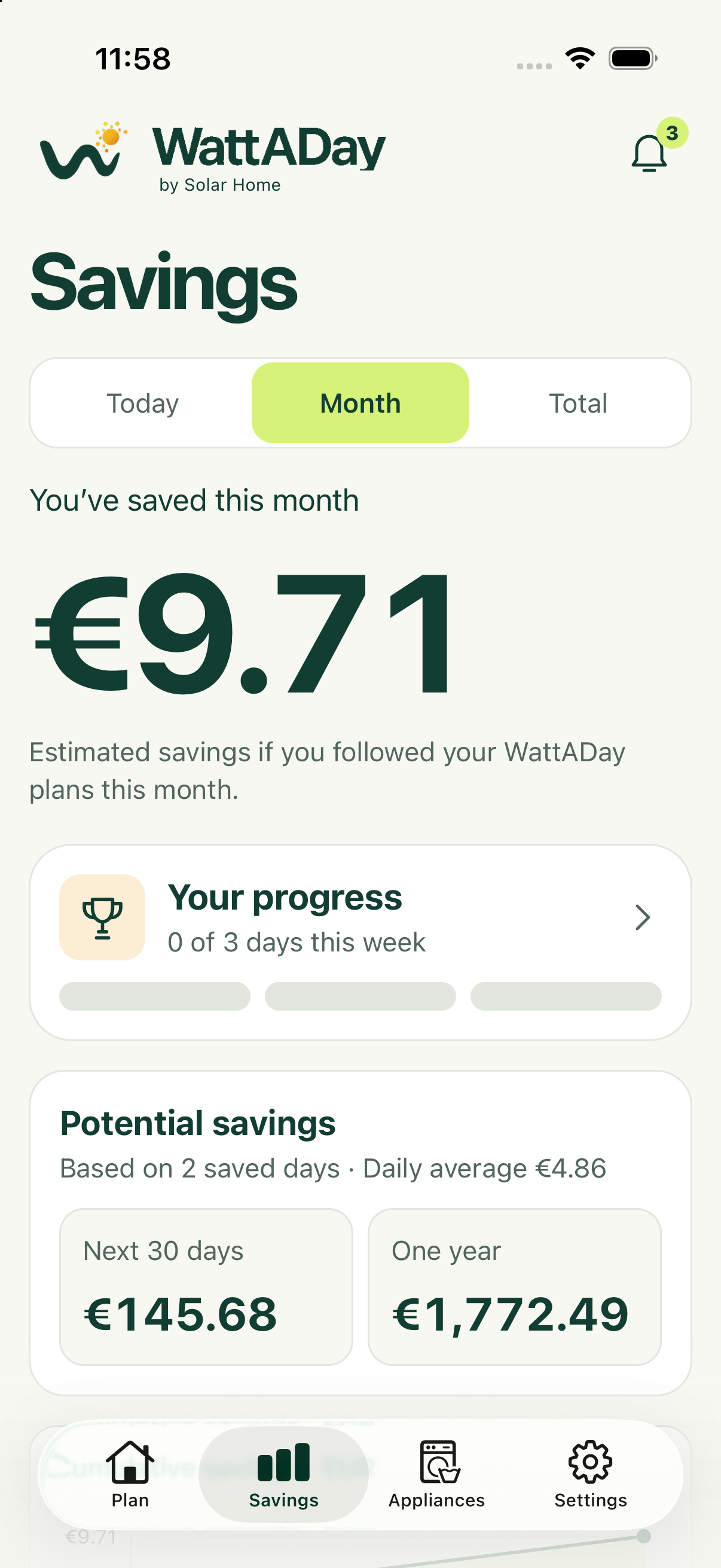WattADay Savings screen showing an estimated monthly saving