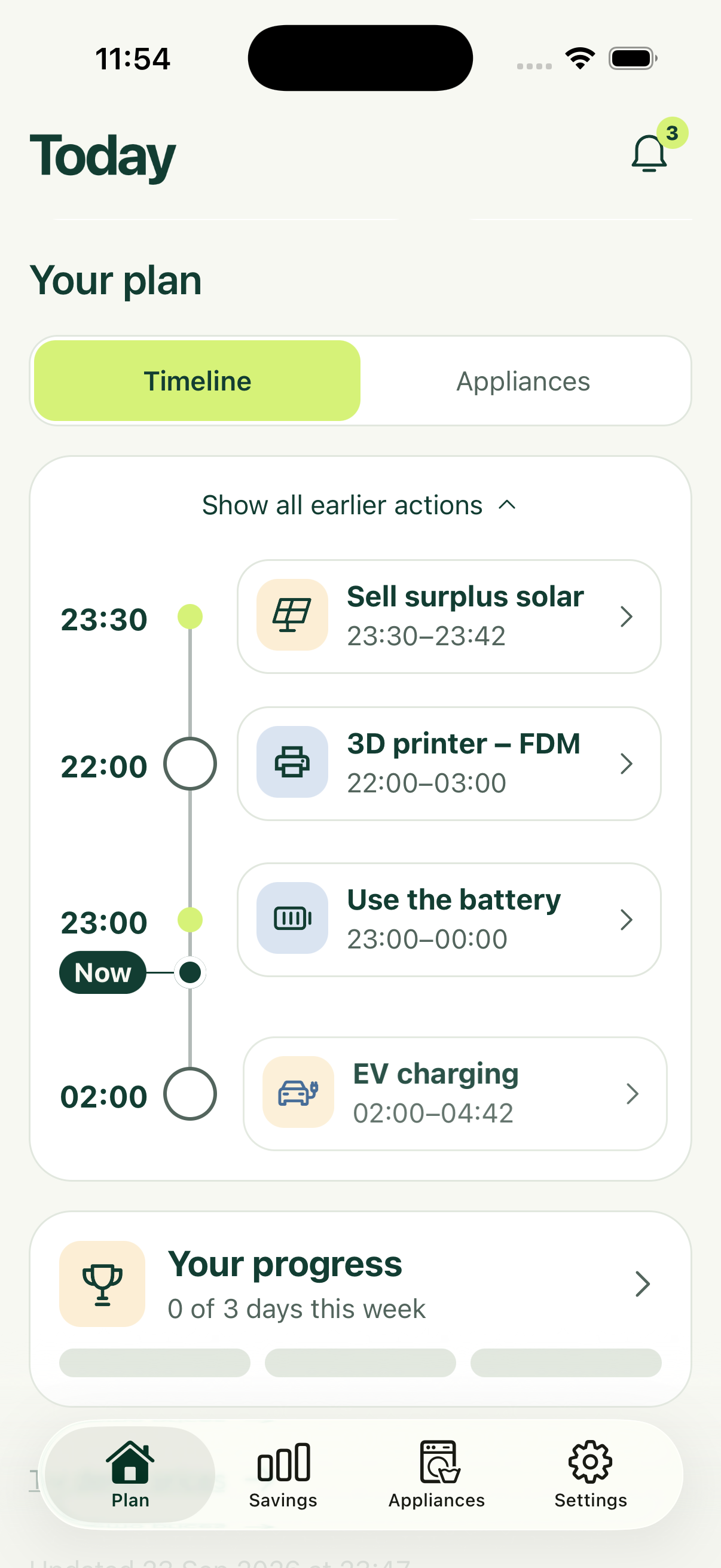 WattADay Timeline screen with appliance and energy actions